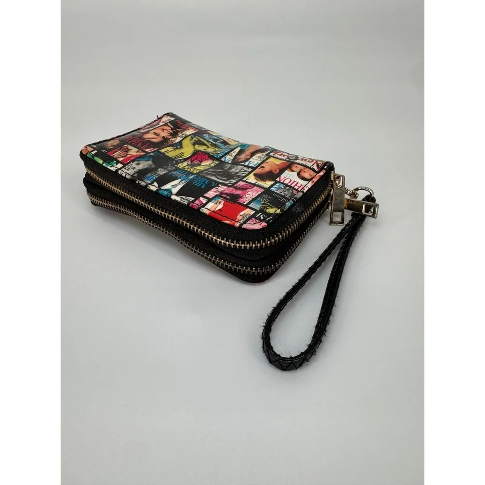 Magazine Cover Collage Double Zip Around‎ Wristlet Wallet Multicolor Glossy